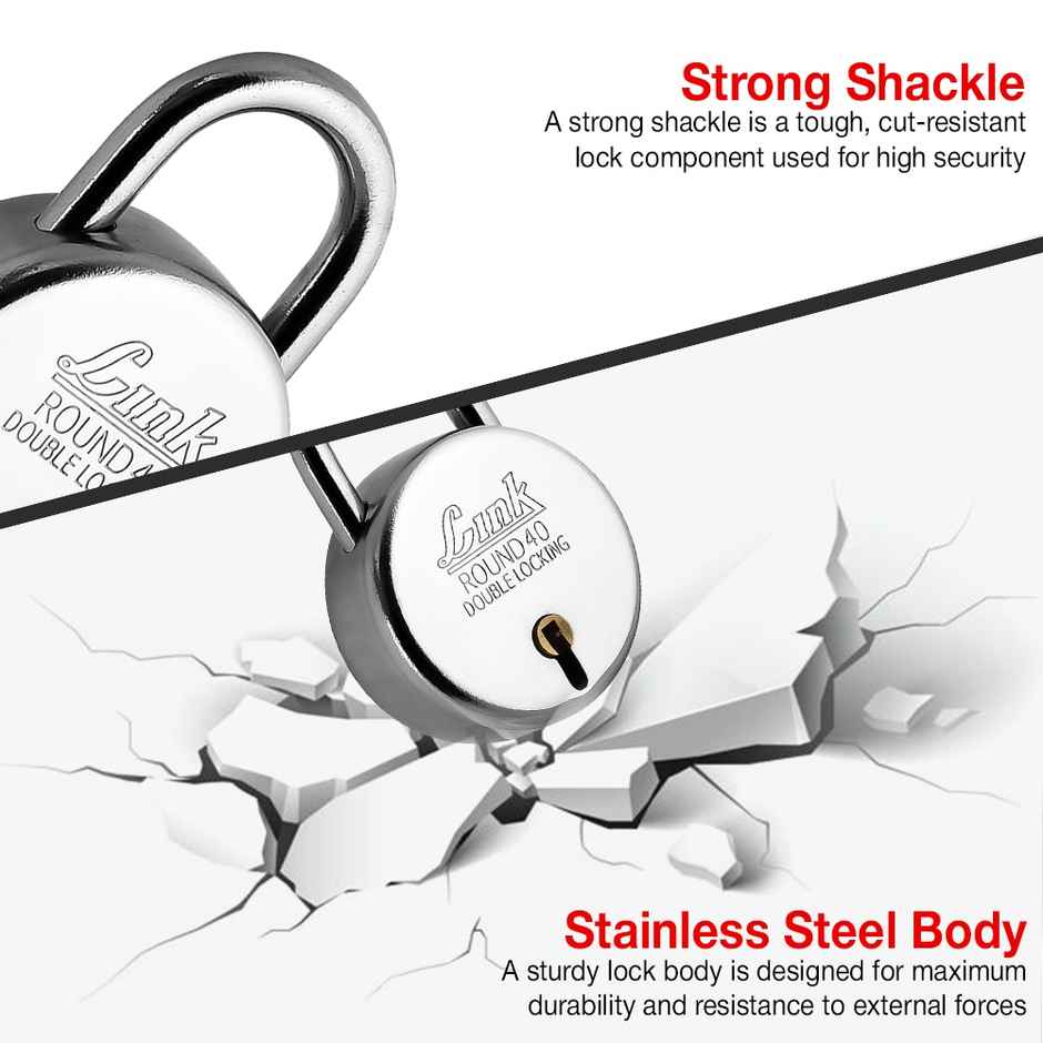 Link New Round Stainless Steel 40 mm Padlock with 3 Keys Combo