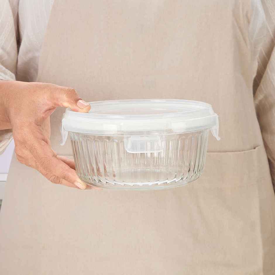 Borosil 620ml Fluted Klip N Store Round Food Storage Container Borosilicate Glass Microwave Safe