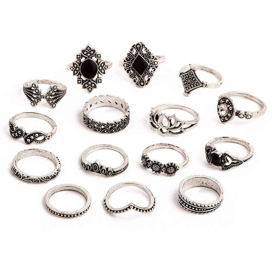 Shining Diva Fashion Set of 15 Base Metal Boho Midi Finger Rings for Women and Girls | 11800r