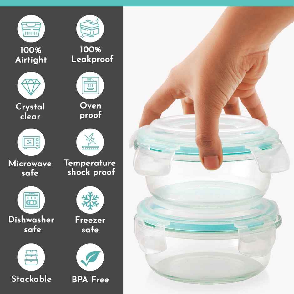 Magnus Vivid Solid Glass Lunch Box - 2 Round Borosilicate Fixed Clip Containers | 400 ml Each & Bag