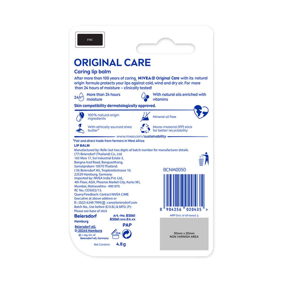 Nivea Lip Balm Original Care for 24h Moisture with Shea Butter & Natural Oils