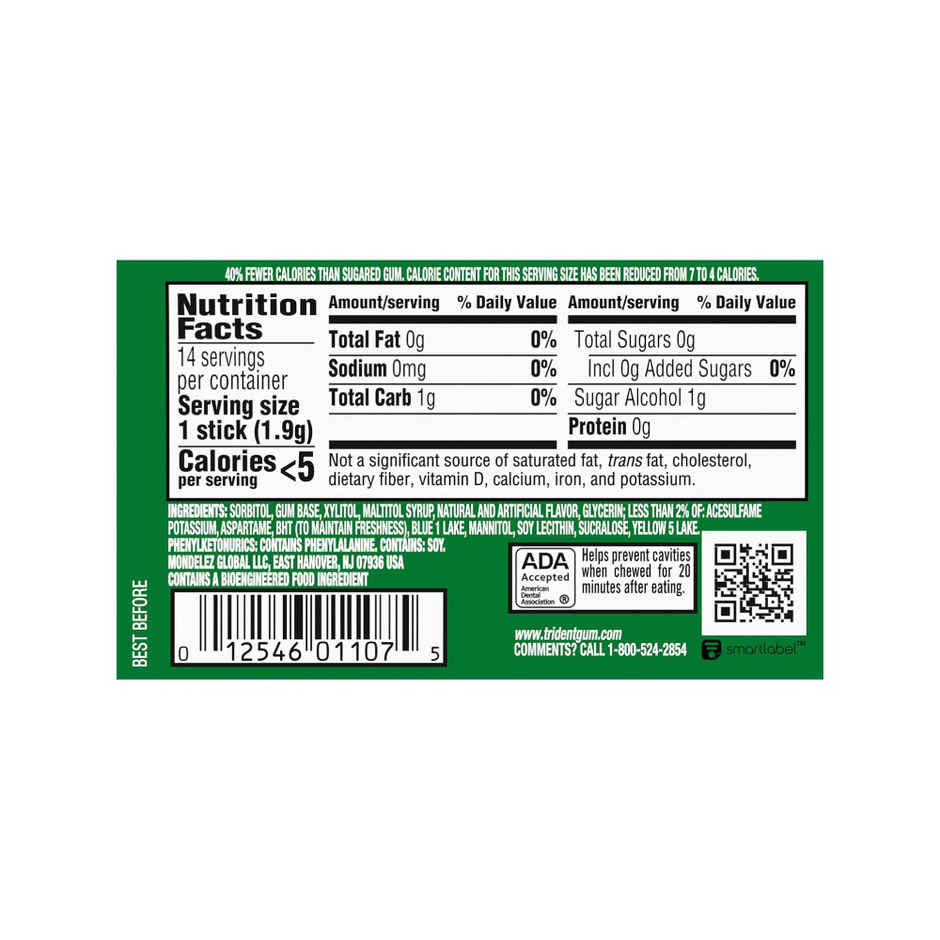 Trident Spearmint Gum (Sugar Free) 1 Pack (14 Sticks)