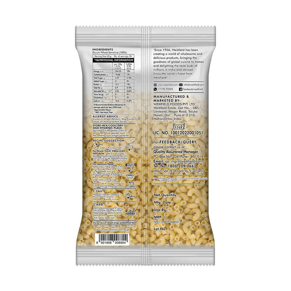 Weikfield Macaroni Pasta|Durum Wheat Semolina Healthy Pasta| Rich in Protein Fibre