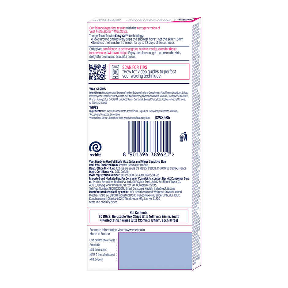 Veet Professional Waxing Strips Kit For Sensitive Skin | 20 Strips