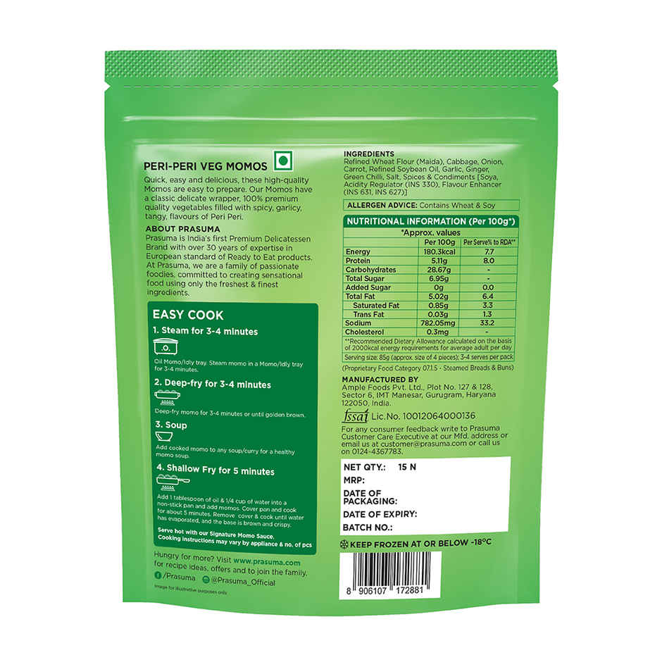 Prasuma Peri Peri Veg Momos, 15 pcs | Tangy Veggie Filling | No Preservatives, MSG or Palm Oil