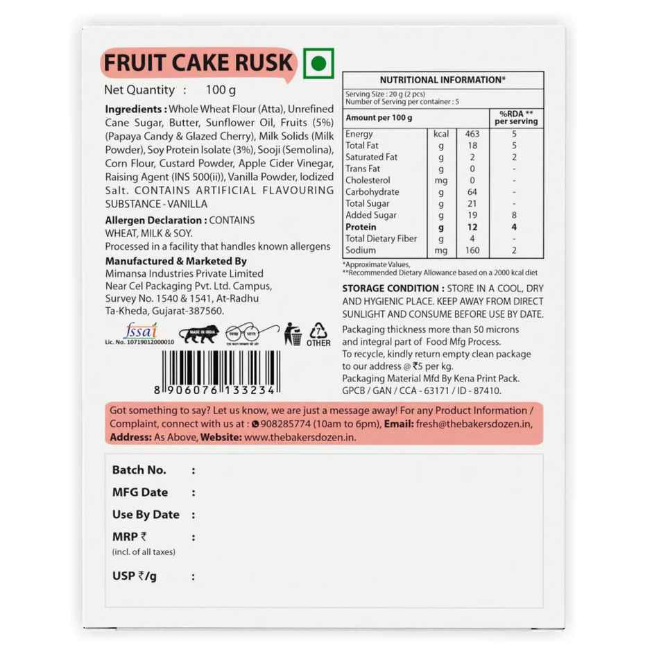 The Baker's Dozen Zero Maida Fruit Cake Rusk - High Protein