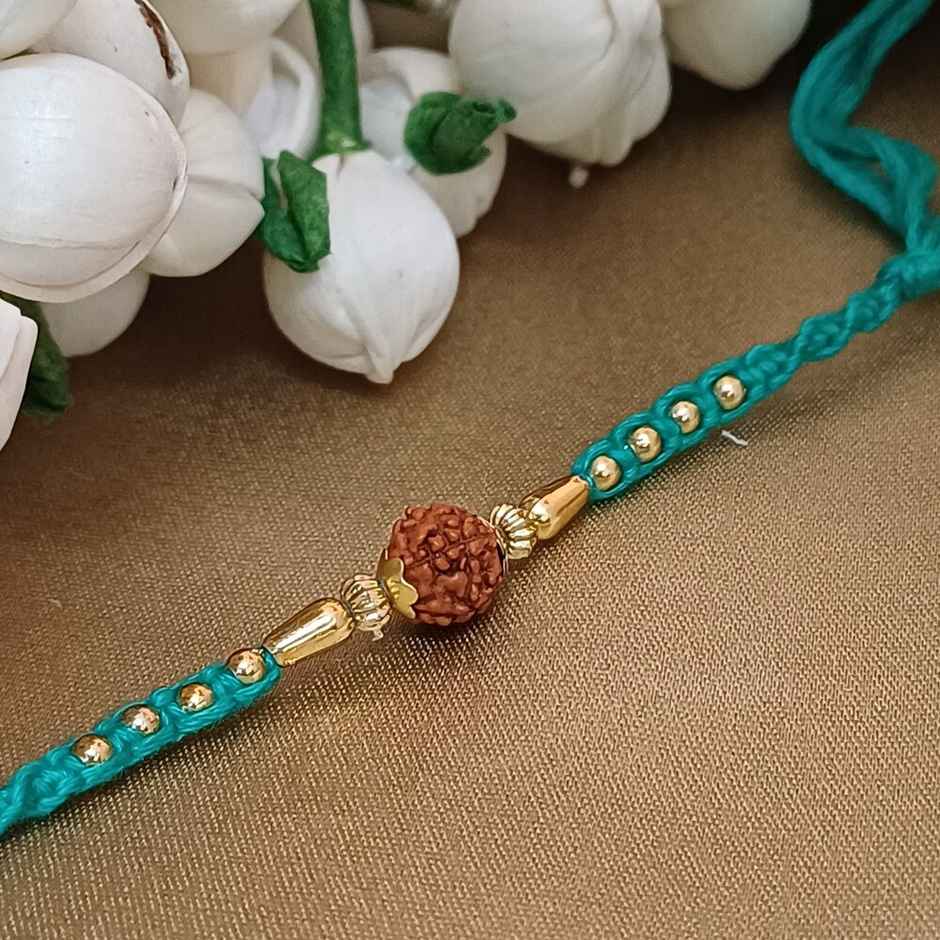 Rudraksh Blue Mauli Gold Moti Beaded Rakhi | Traditional and Beautiful | Gullak