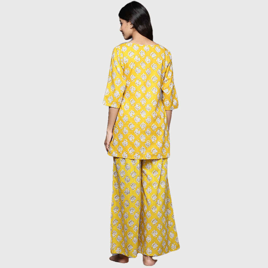 Libas Women Mustard Cotton Floral Kurti With Cotton Pyjamas - 50176M