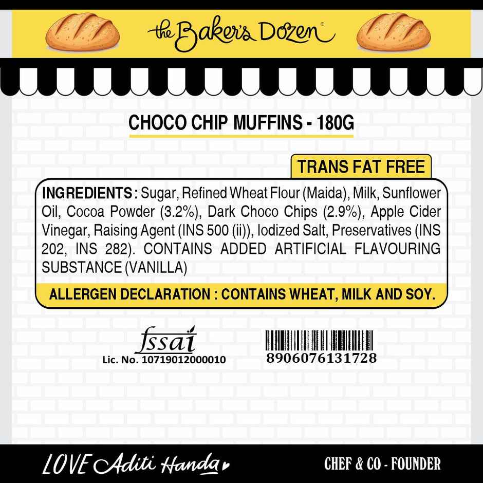 The Baker's Dozen Chocochip Muffin | Veg/Eggless Cake | Chocolate Cake | Cup Cake | Choco Muffin