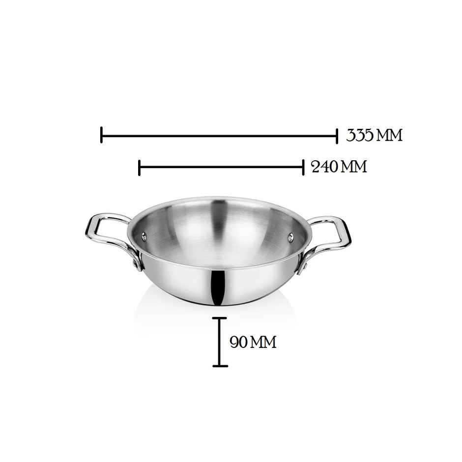 Bhalaria Triply Stainless Steel Kadai | Induction & Gas Stove Compatible | Food Safe | 22 cm | 2 L