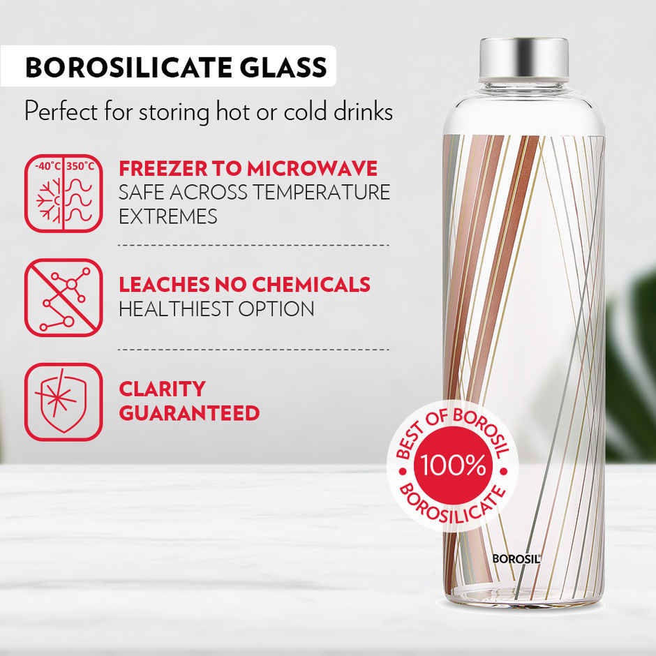 Borosil Prism Narrow Mouth Bottle with Metal Lid Borosilicate Glass Dishwasher Safe