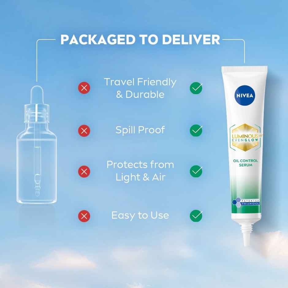 Nivea Luminous Even Glow Oil Control Serum| Thiamidol, Salicylic, Hyaluronic Acid| Reduces Dark Spot (40ml) & Nivea Luminous Even Glow Face Wash | Oil Free Formula, Aha, Aloe Vera, Guarana Extract | Deep Clean (100ml) & Nivea Luminous Even Glow Oil Control Day Cream Spf 50,Thiamidol |Uv Protection & Reduces Dark Spots (40ml) & Nivea Luminous Even Glow Night Cream |Thiamidol & Hyaluronic Acid |Moisturizes & Reduces Dark Spots (40ml) Combo