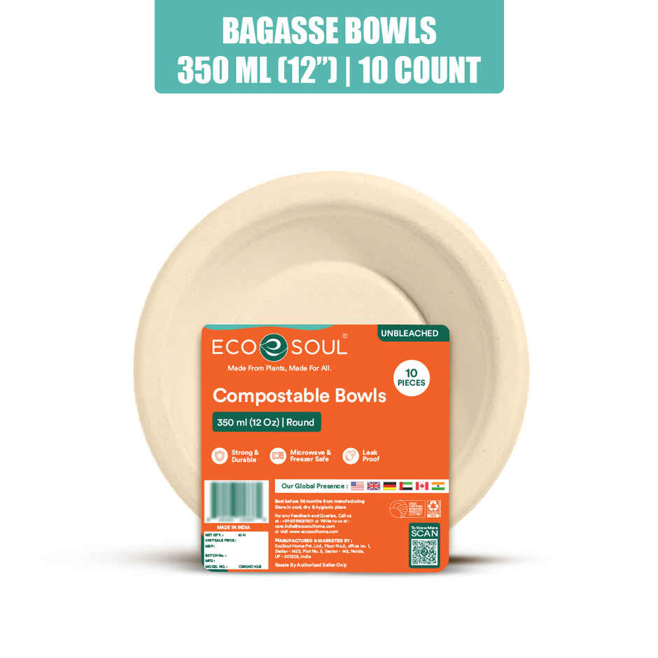ECO SOUL | Bagasse Disposable Bowls | 350 ml | Round | 10 Count