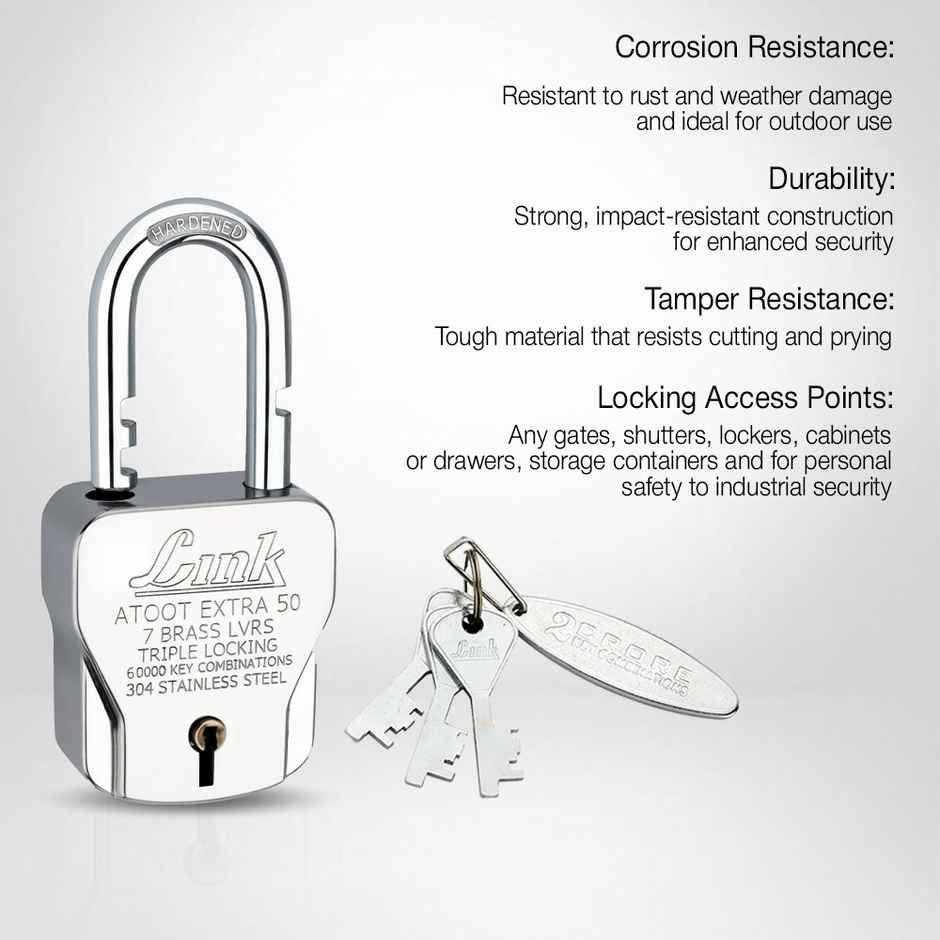 Link Stainless Steel Atoot Extra 50mm Triple Locking Padlock with 3 Keys
