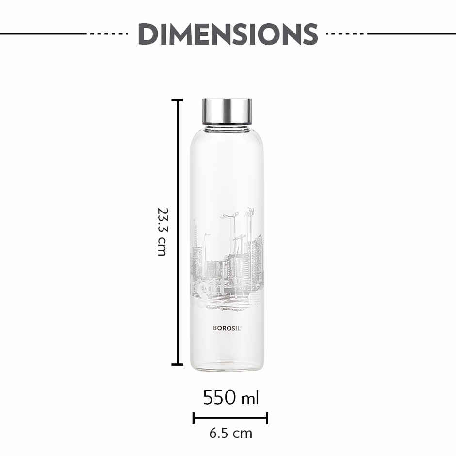 Borosil Roma Narrow Mouth Bottle with Metal Lid Borosilicate Glass Dishwasher Safe