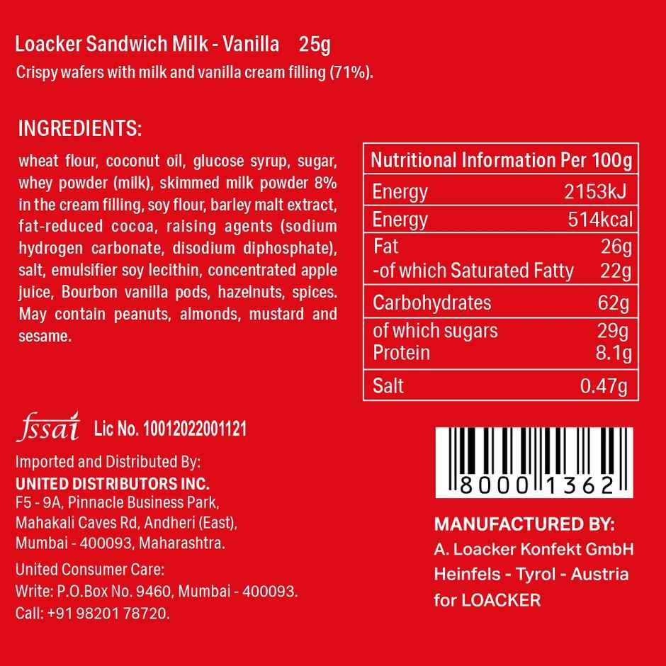 Loacker Sandwich Milk Vanilla Wafers Italy