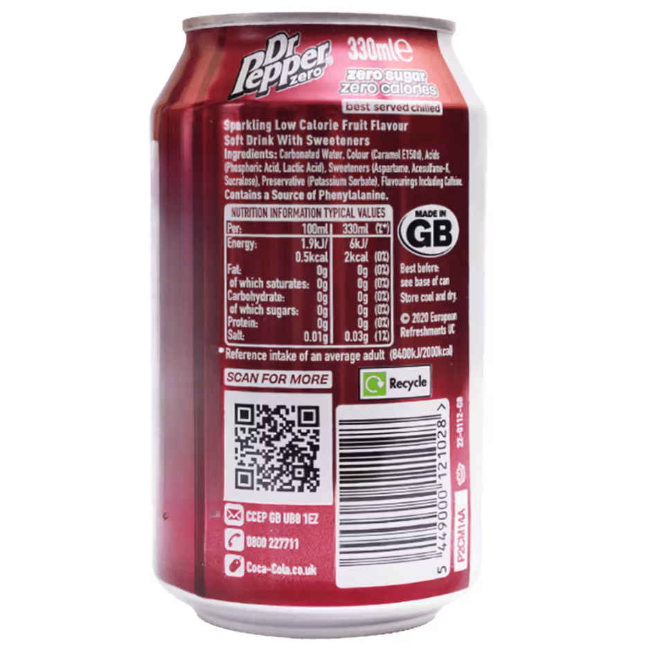 Dr Pepper Zero Sparkling Fruit Flavour Soft Drink | Can