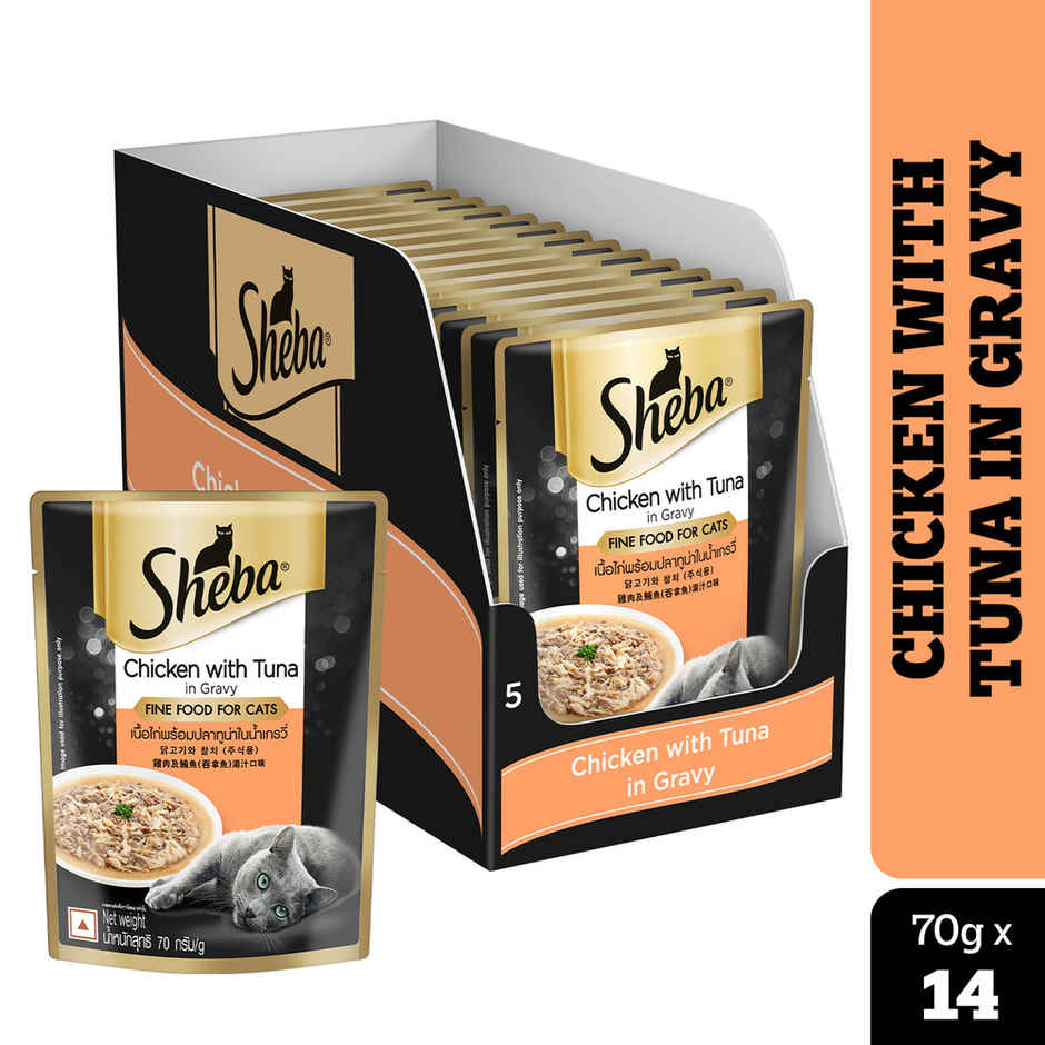 Sheba Fine Premium Adult (1+ Years) Wet Cat Food, Chicken with Tuna in Gravy, 70 g Pouch Pack of 14