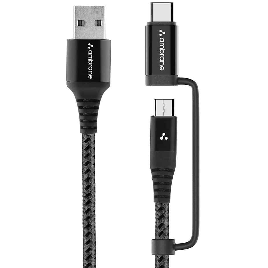 Ambrane (ABDC-10) 2 in 1 Type-C & Micro USB Cable with 3A Fast Charging Mobile Cable, 480 mbps Data Sync, Quick Charge 3.0, 1.5m Braided Cable, Compatible with All Type-C & Micro USB Devices - Black