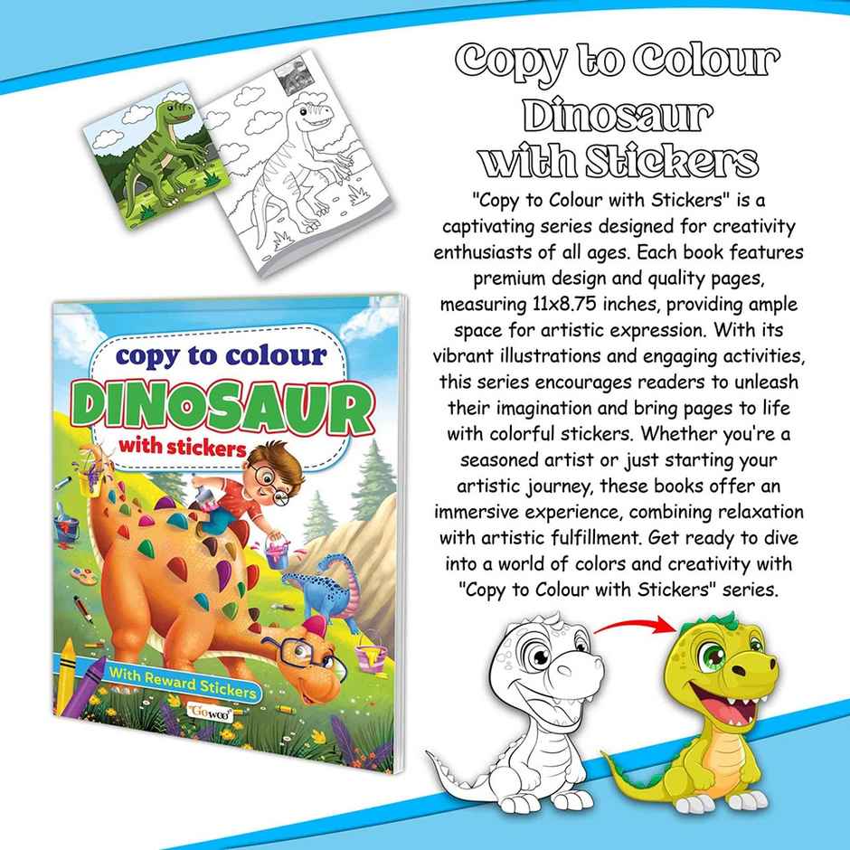 Copy to Colour Dinosaurs With Stickers Book for Kids | Age 3-12- Colouring Book With Stickers