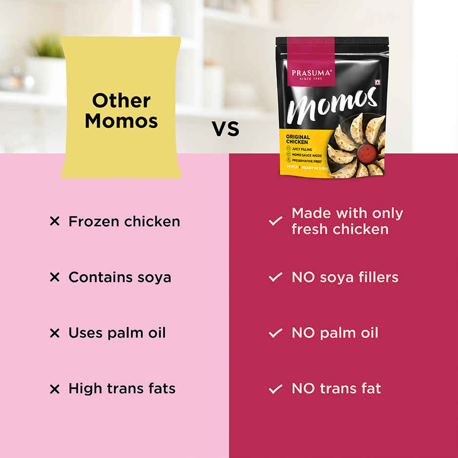 Prasuma Original Chicken Momos 24pc, No Soya, Only Chicken | No Preservatives, MSG or Palm Oil