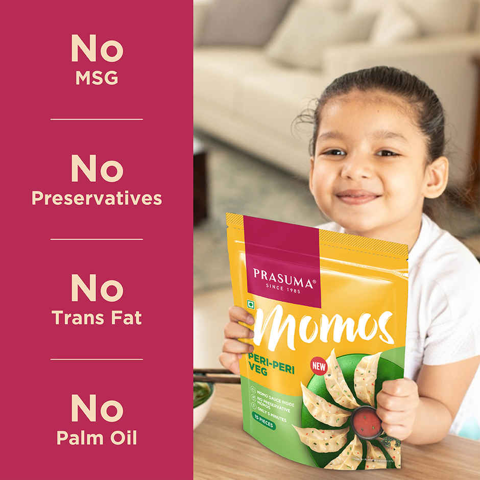 Prasuma Peri Peri Veg Momos, 15 pcs | Tangy Veggie Filling | No Preservatives, MSG or Palm Oil