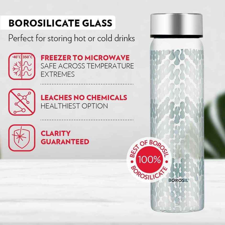 Borosil Vista Wide Mouth Bottle with Metal Lid Borosilicate Glass Dishwasher Safe