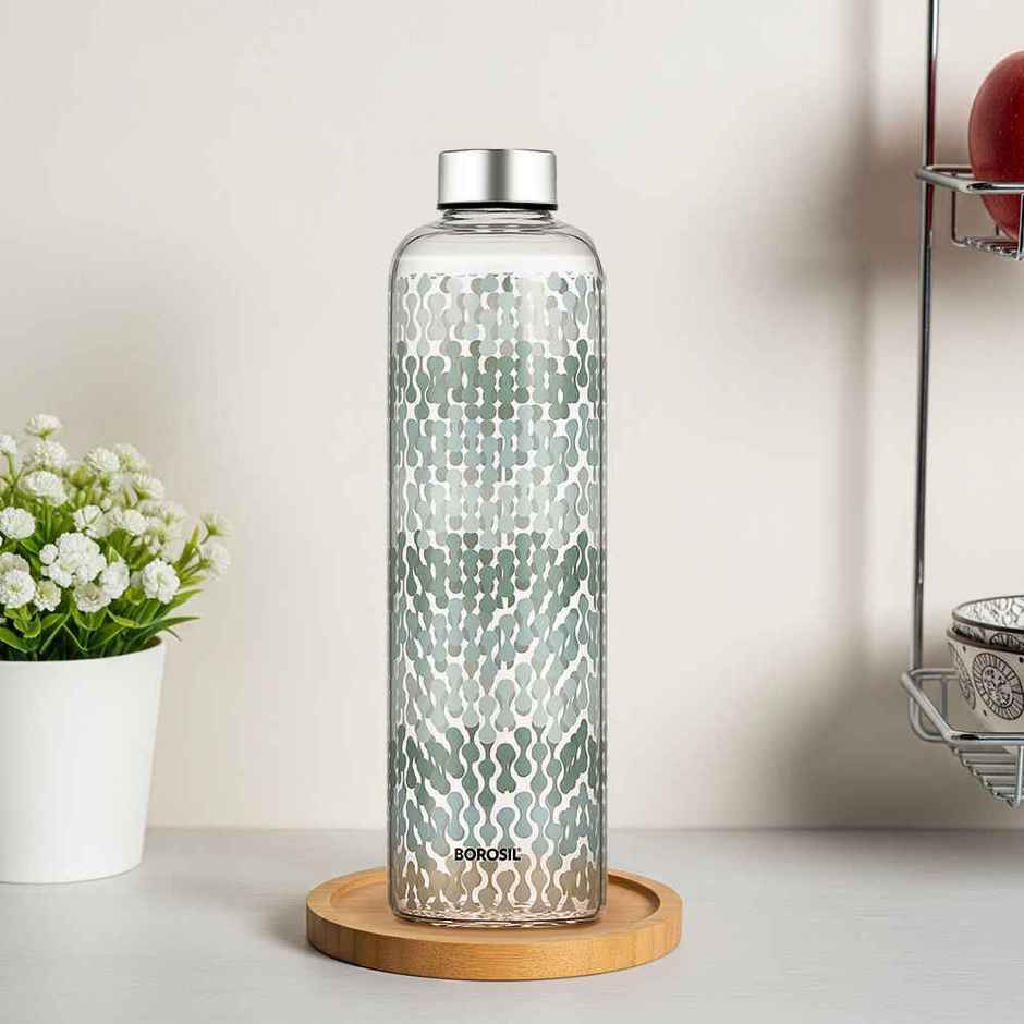 Borosil Vista Narrow Mouth Bottle with Metal Lid Borosilicate Glass Dishwasher Safe