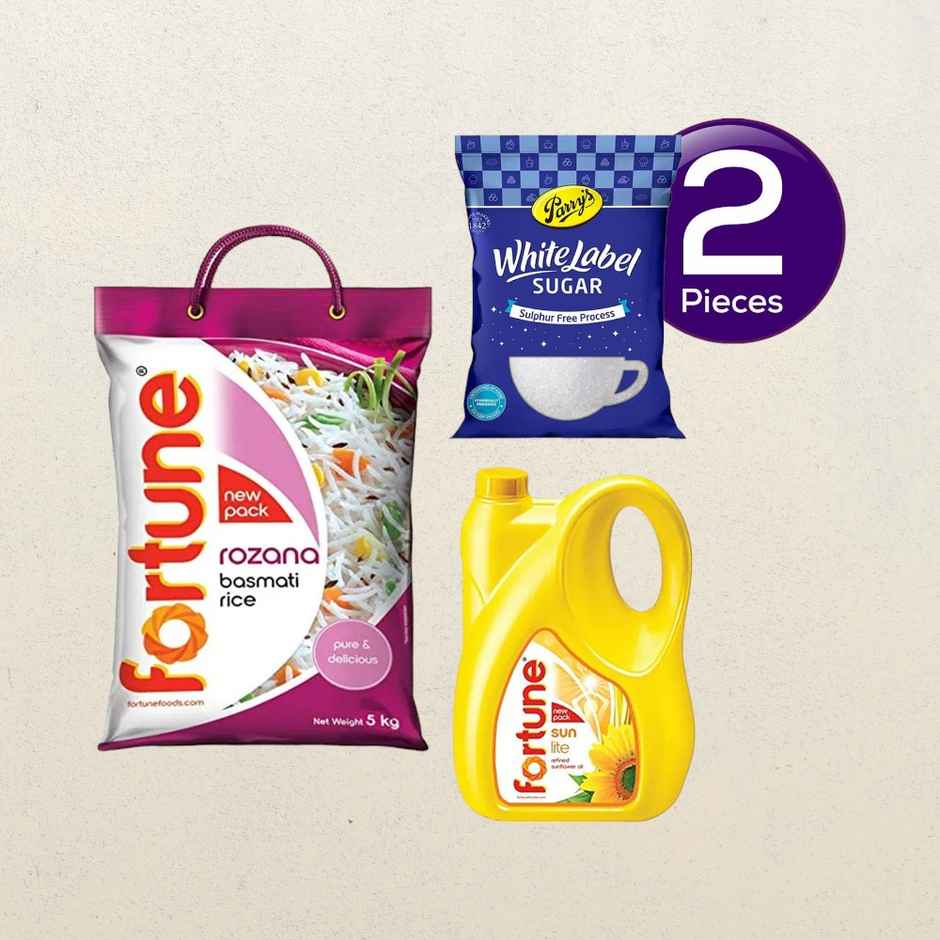 Fortune Rozana Basmati Rice(5kg), Fortune Sunlite Refined Sunflower Oil(5l) & Parrys White Label Sugar(1kg) Combo