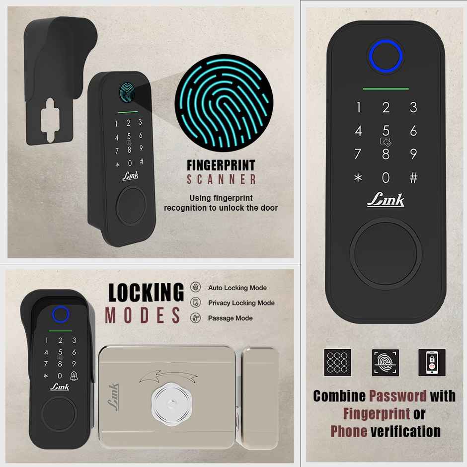 Link Smart Flexi Digital Biometric Rim Lock for Main Door | Mobile app with Wi-Fi | Black