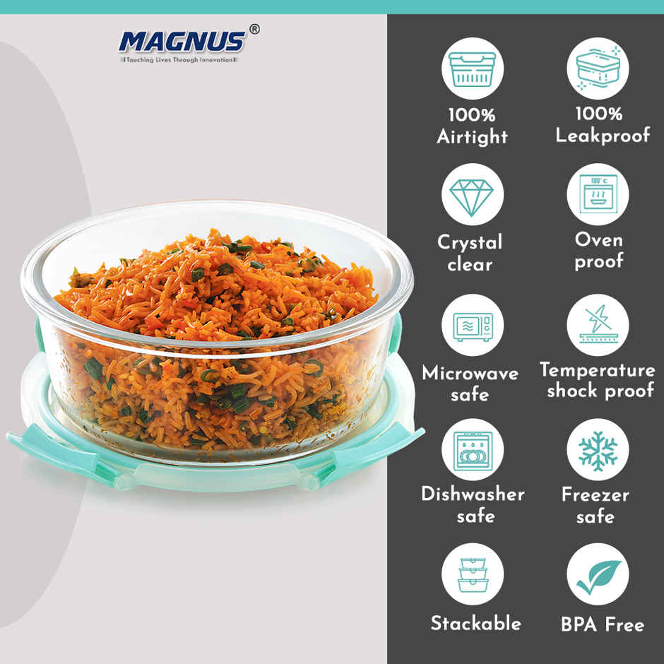 Magnus Glock Round 950 ml Borosilicate Glass Container with Airtight Lid & Detachable Lock | Green