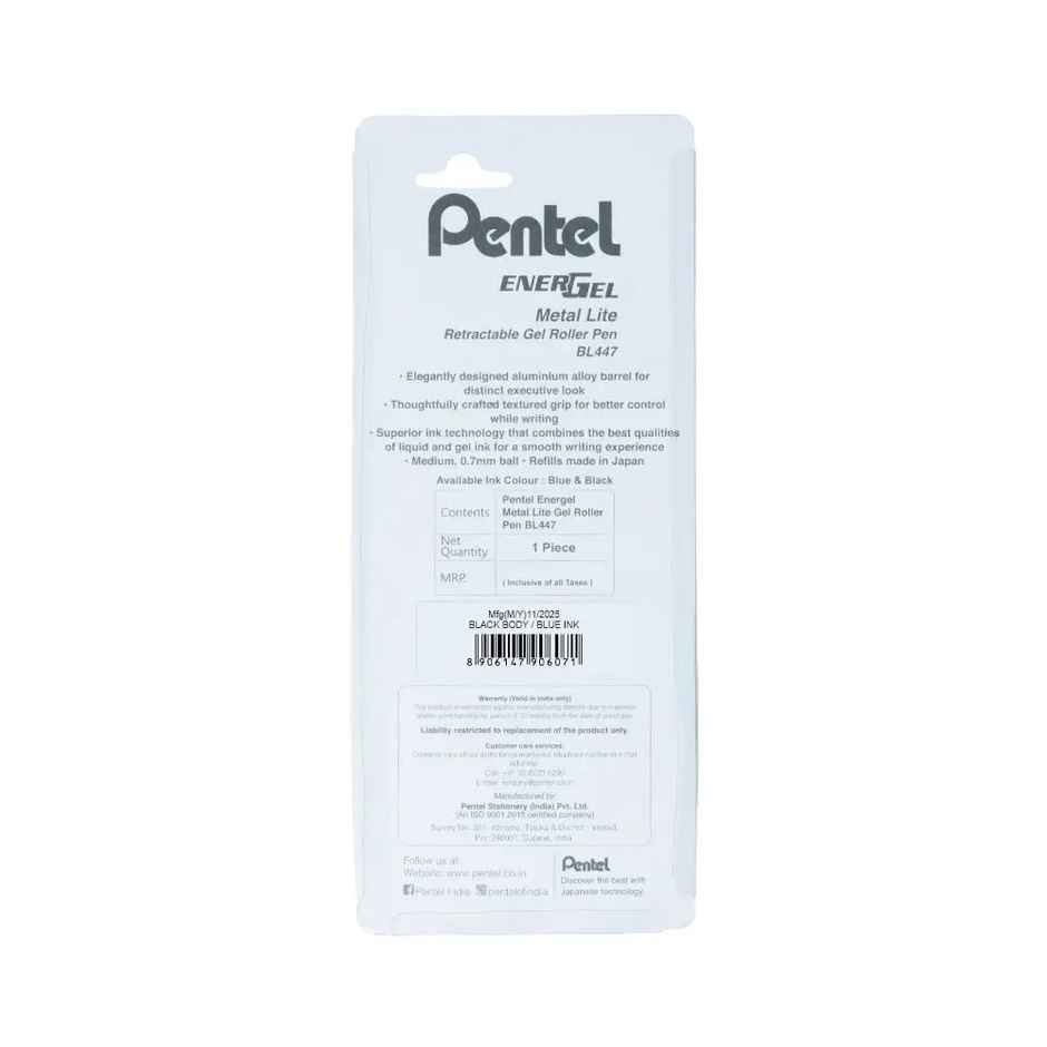 Pentel Energel Metal Lite Single Blister Black Body Blue Ink