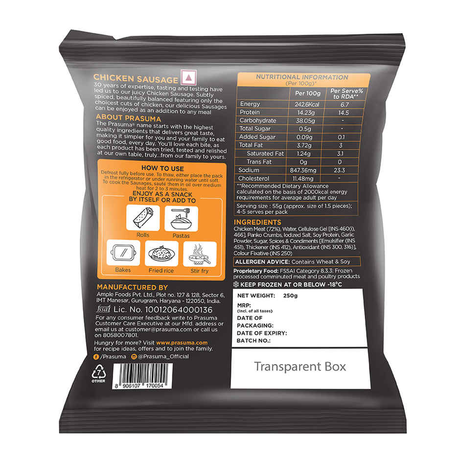 Prasuma Chicken Sausage High Protein 250g | No Trans Fat or Preservatives | Fresh Chicken Used
