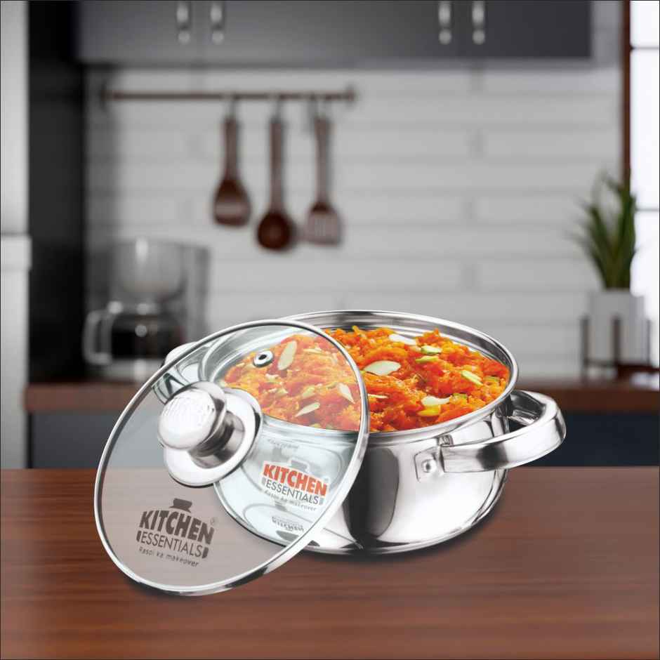 Kitchen Essentials Stainless Steel Flat Bottom Tall Belly Casserole With Glass Lid 16Cm (2L)