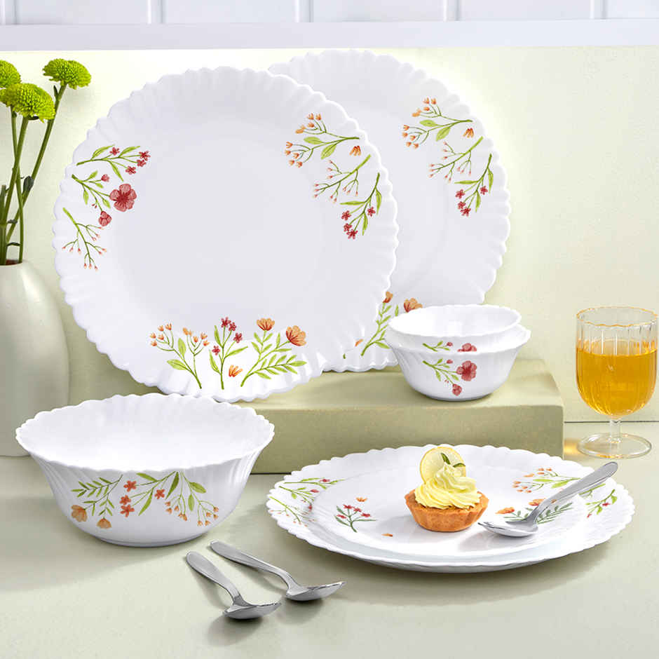 Larah by Borosil Coral Dinner Set | Opalware Crockery for Dining & Gifting | White
