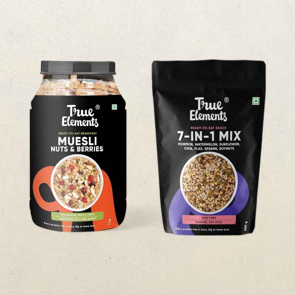 True Elements Crunchy Dark Chocolate Granola(1kg) & True Elements 7 In 1 Super Seeds Mix (250gms) Combo