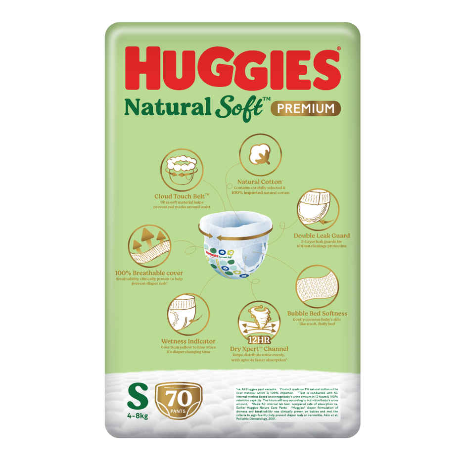 Huggies Natural soft Premium Pant style Baby diaper | Small , 4-8kg, 12 hour absorption, 100% natural cotton, wetness indicator