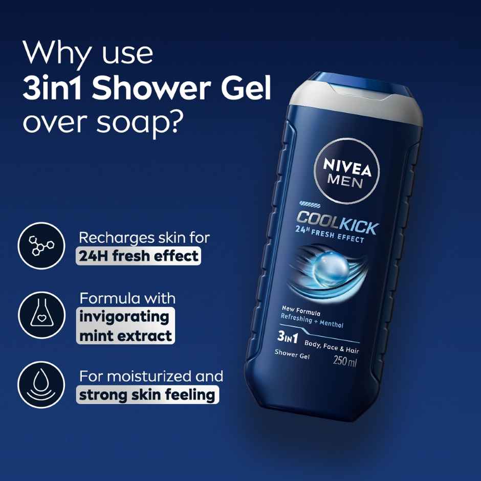 Nivea Men Cool Kick With Refreshing Icy  Menthol Shower Gel For Body Face & Hair (250ml) & Nivea Men'S Deodorant Roll On For Men (50ml) Combo