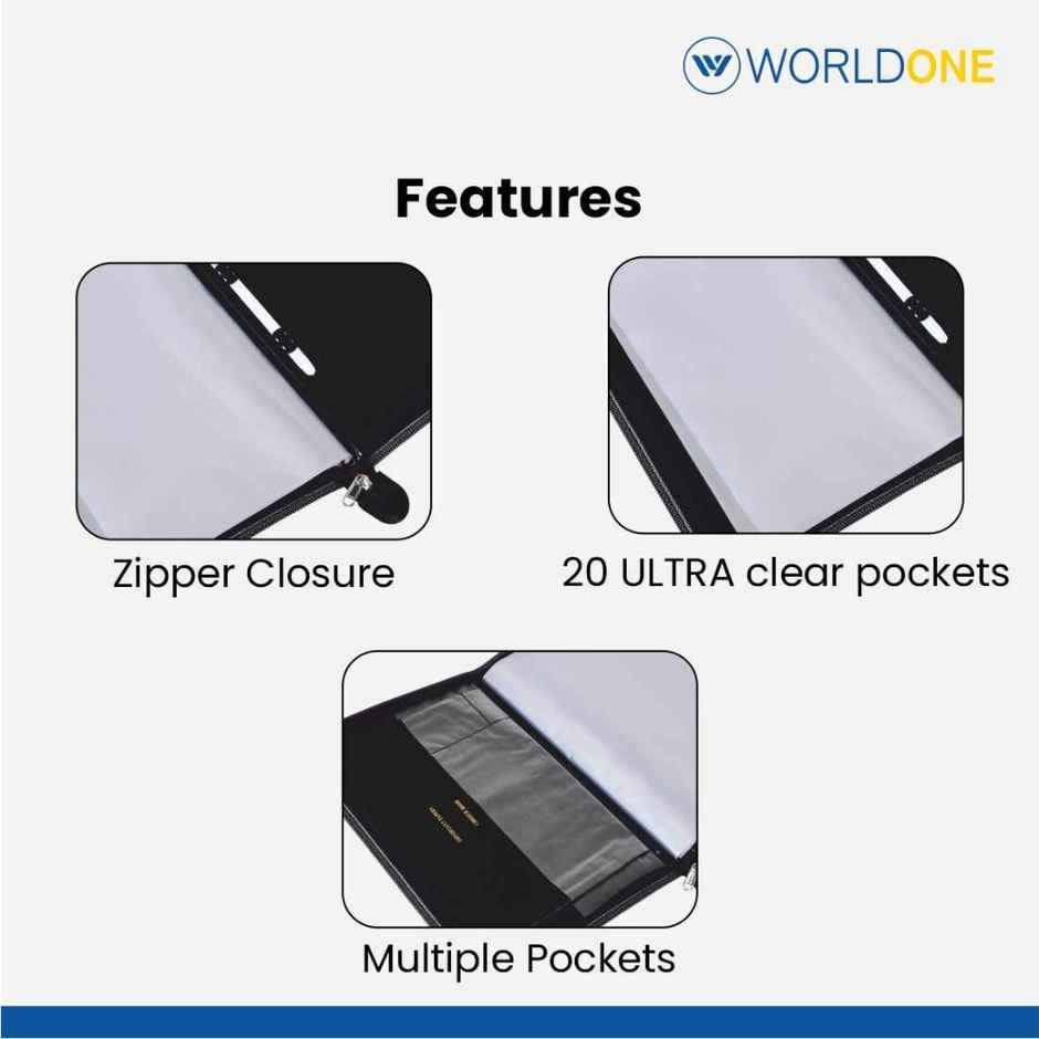 Worldone Leathrite Cover Display Book With 20 Inside Pocket With Name Card And Zipper Closure