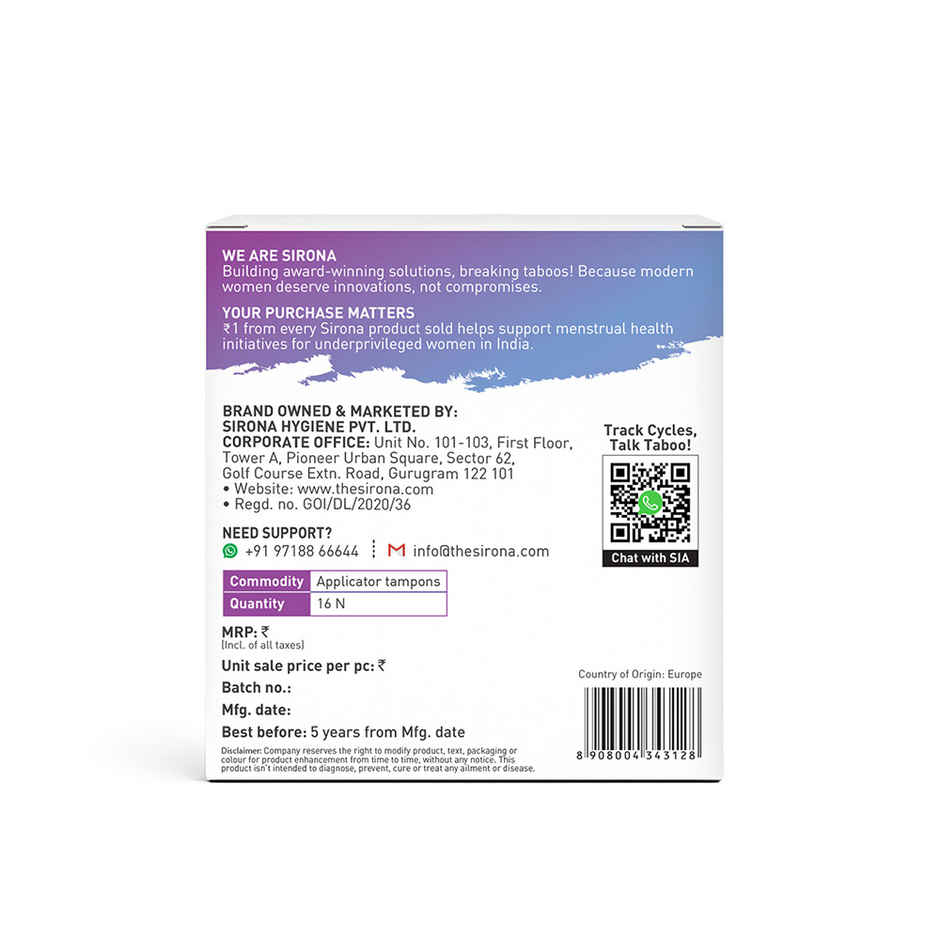 Sirona Applicator Tampon for Women | Normal Flow | Easy Insertion | Rash, Toxin & Fragrance Free | 8 Hours Leak Protection