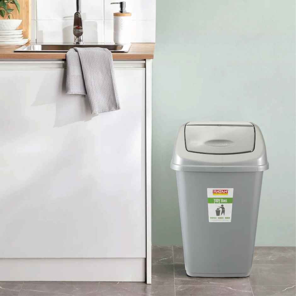 Ratan Plasticware Tidy Bin With Swing Lid 15 Litres Plastic Dustbin- Grey Color
