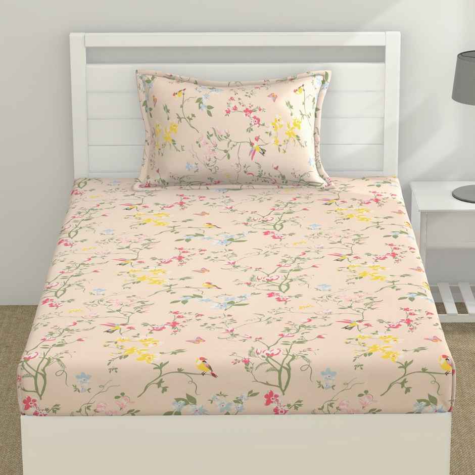 Haus & Kinder Peach Floral Single Bedsheet - 100% Cotton (145x225cm)