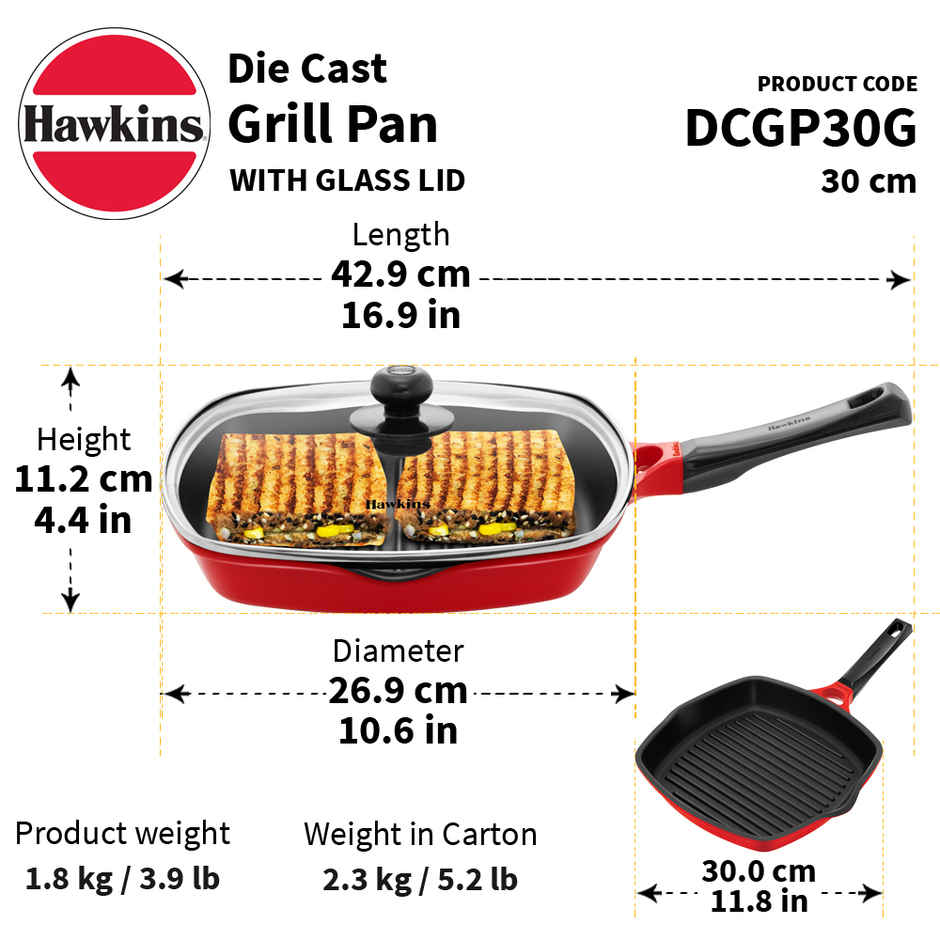 Hawkins Non Stick Grill Pan with Glass Lid | 30 cm | Red