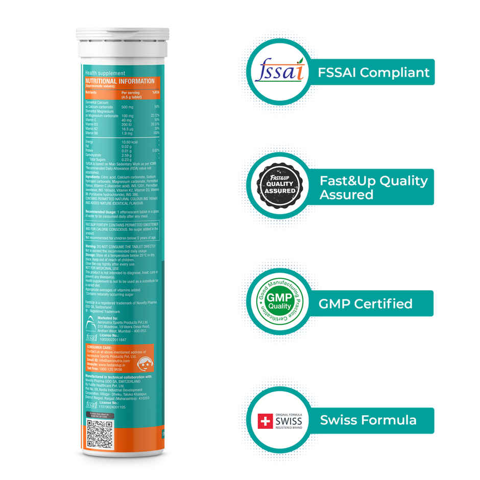 Fast&Up Fortify Calcium & Vitamin D3 For Bone Health |Orange Flavour