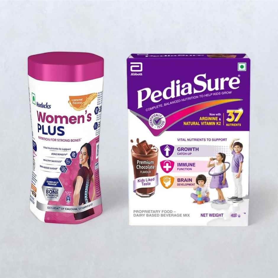 Pediasure Scientifically Designed Nutrition Health Drink Chocolate Box(400gms) & Women'S Plus Horlicks Caramel Powdered Health Drink Jar(400gms) Combo