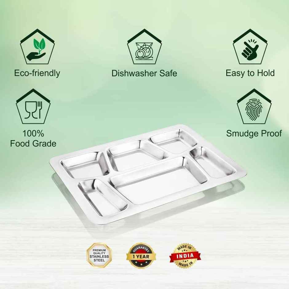 Steelera Stainless Steel 6 Compartment Plate / Canteen / Lunch / Dinner | Food Safe | 39 x 29 cm