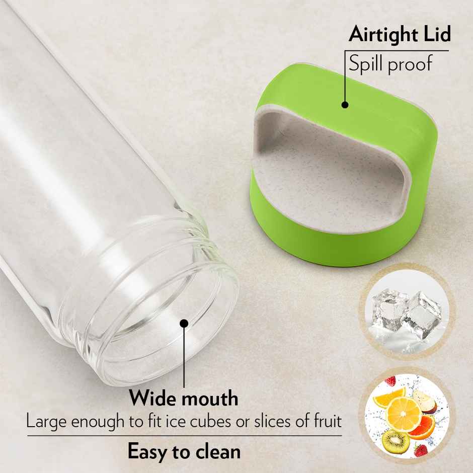 Borosil 1L Neo Glass Water Bottle With Husk Green Lid, Borosilicate Glass Bottle