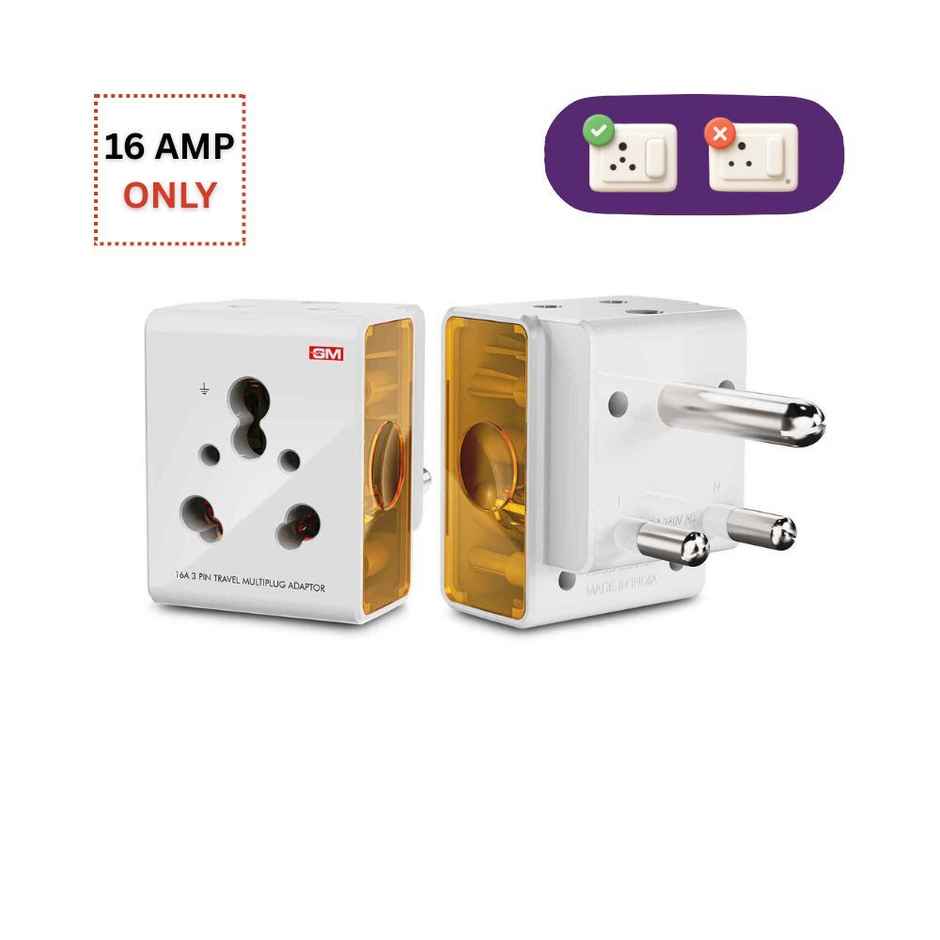 GM 3050 16 AMP Heavy Duty Socket 3 Pin Multi Plug Travel Adaptor Suitable for heavy wattage Appliances(AC, refrigerators, Microwaves)