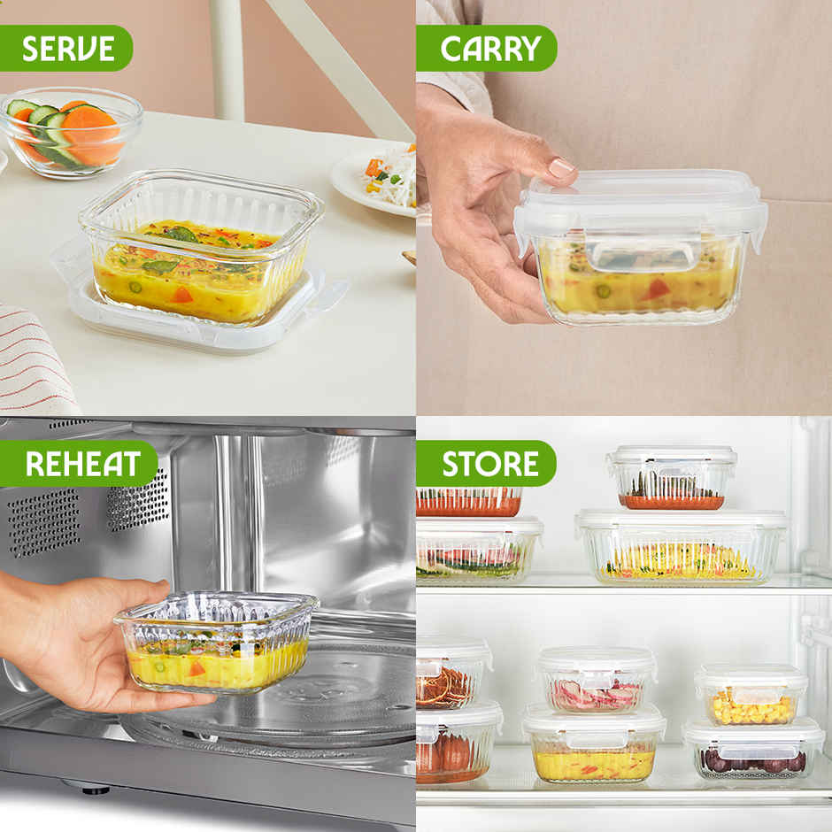 Borosil Fluted Klip N Store Square Food Storage Container Borosilicate Glass Microwave Safe