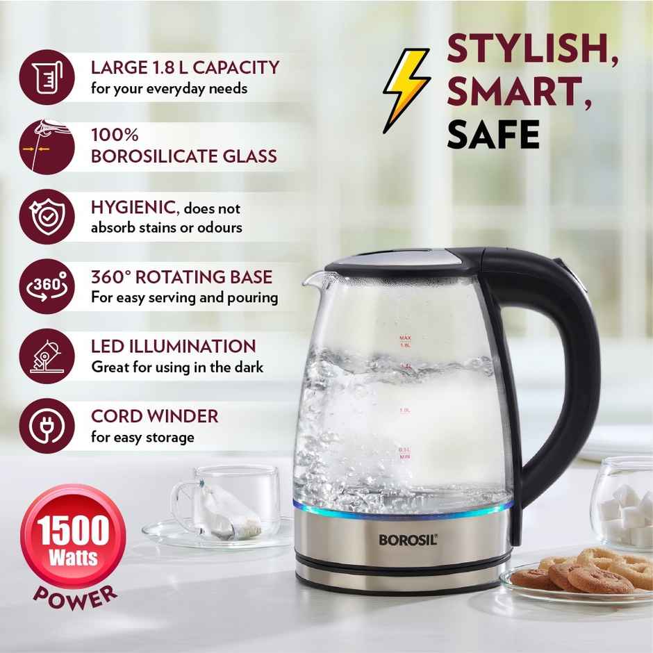 Borosil Electric Glass Kettle Extra Long Cord Dry Boil Protection 1500W 360 Degree Rotating Base